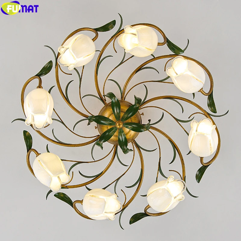 FUMAT Retro European Chandeliers Lamp Rural American Style Ceiling Light Lily Tulips Flower White Glass Classical Lighting G9