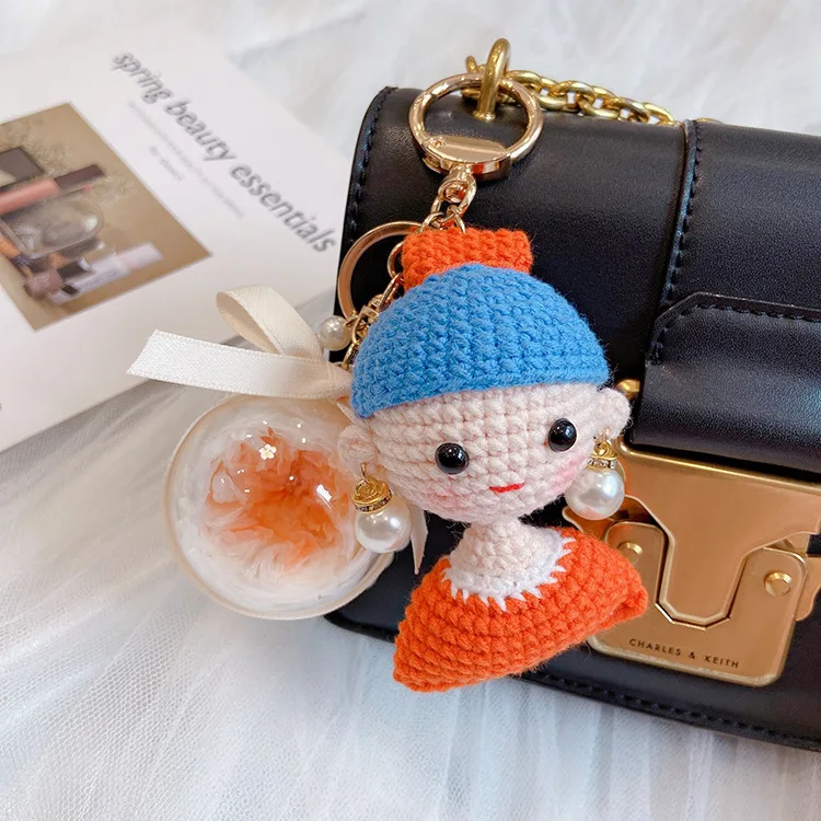 

Handwoven Bag Pearl Earrings Girl's Eternal Flower Handbag Charm Keychain Cute Car Key Holder Bag Pendant Gift