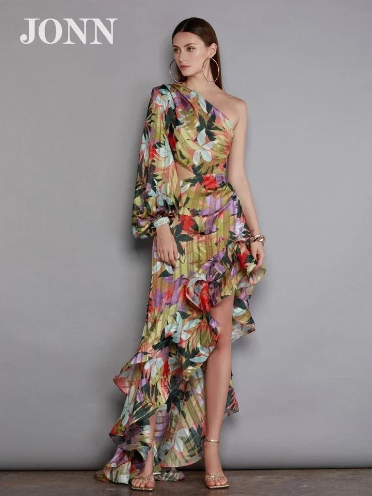 

Летнее сексуальное длинное платье JONN на одно плечо с цветочными оборками, женские платья с диагональным воротником и разрезами, Необычные вечерние праздничные платья