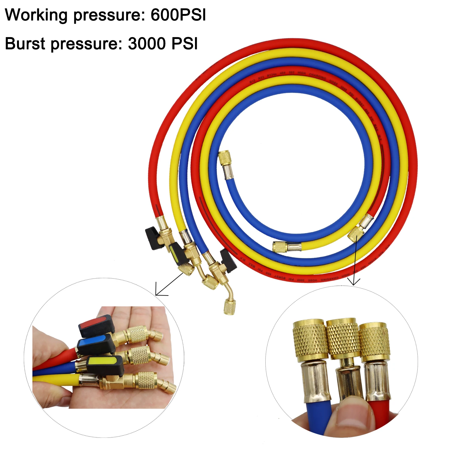 1.6M 냉매 충전 호스(볼 밸브 포함) HVAC 1/4인치 SAE R134A R12 R22 R502 냉매 추가 및 에어컨용