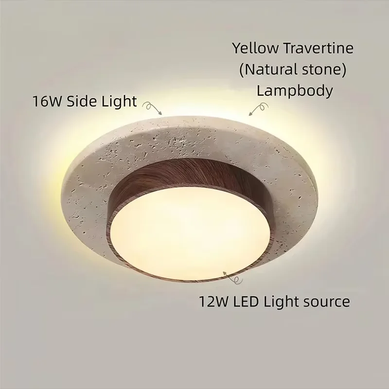 Wabi Sabi Travertine LED Ceiling Lamp Retro Cream Yellow Ceiling Light Bedroom Living Room Natural Stone Ceiling Light