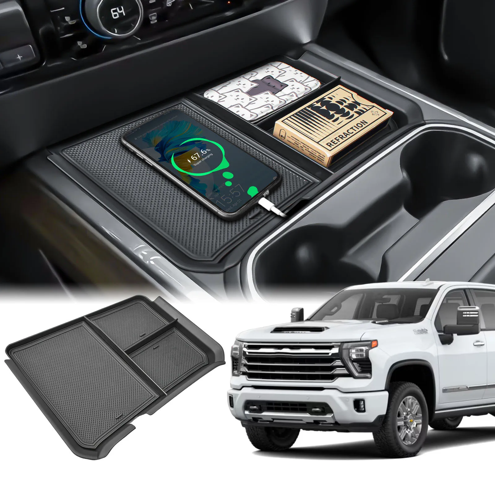 

Front Center Console Organizer For 2024-2025 Chevy Silverado 2500HD/3500HD Middle Hidden Cover Compartment Car Storage Organizer