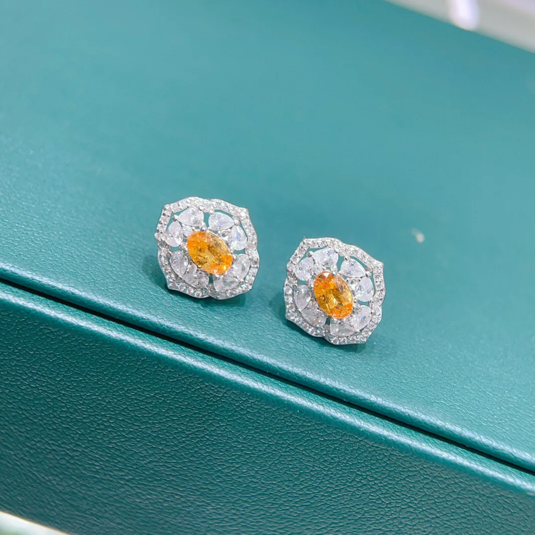 S925 Silver Natural Fanta Garnet Stud Earrings, 4x6mm Sparkling Fire Intense Color Gemstone Jewelry Gift for Women