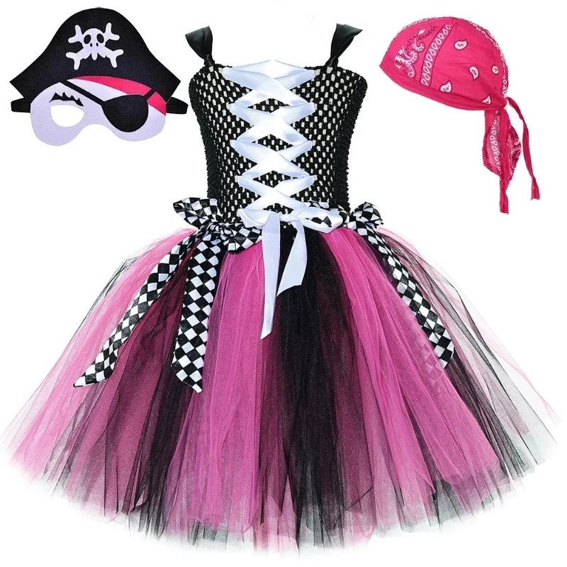 

Hot Pink Black Pirate Costumes for Girls Carnival Halloween Outfits Kids Captain Pirate Tutu Dress with Eyes Patch Head Bandana