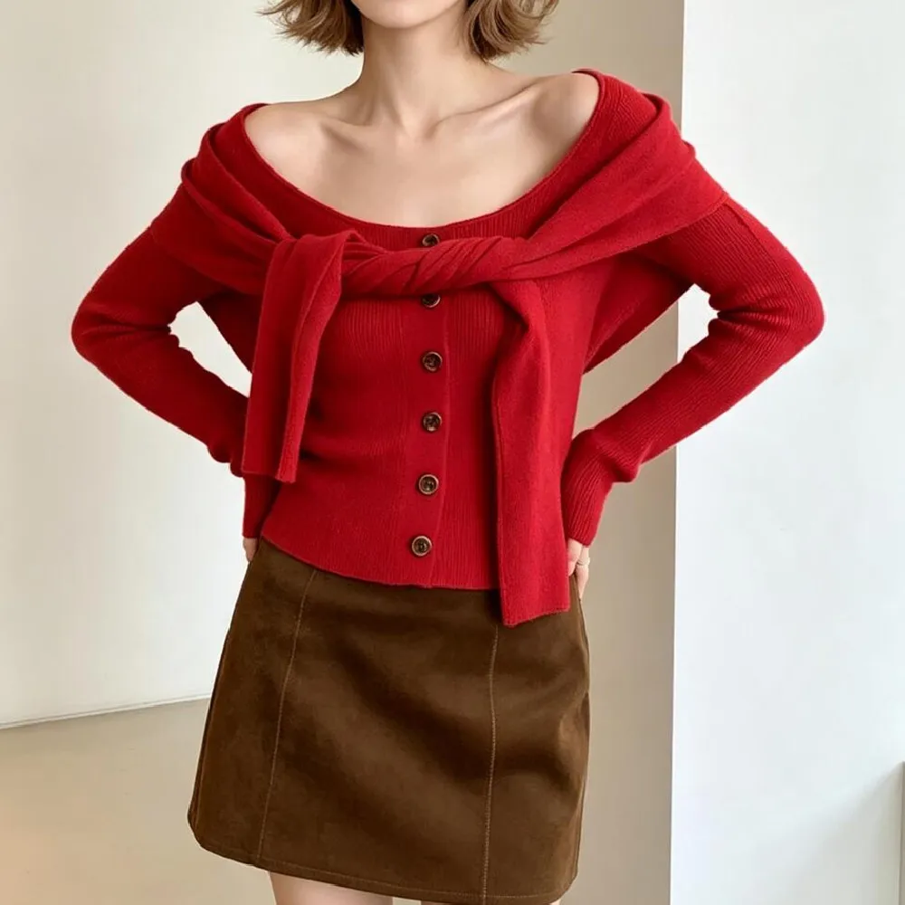 False 2 pcs Tie Bow Front Knit Sweater for Women Long Sleeve Pullover Jumper Autumn Knitwear White Red