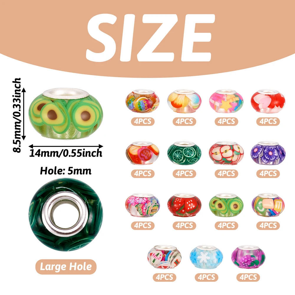 60Pcs Transparent Resin European Rondelle Beads Large Hole Beads For Jewelry Making DIY Handmade Bracelet Necklaces