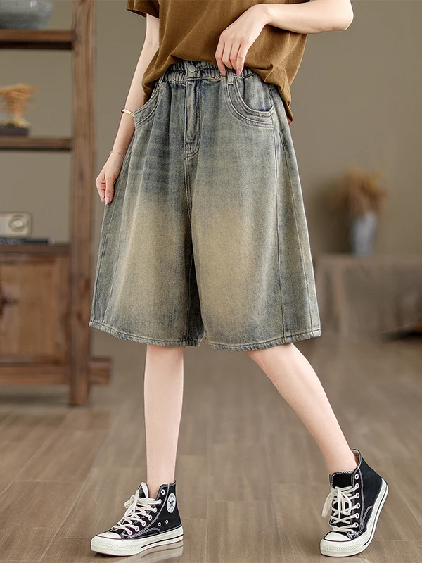

Retro Denim orts Women Summer New plus Size Elastic Waist Slim A-Line Wide Leg Five-Quarter Pants Versatile Casual Jeans