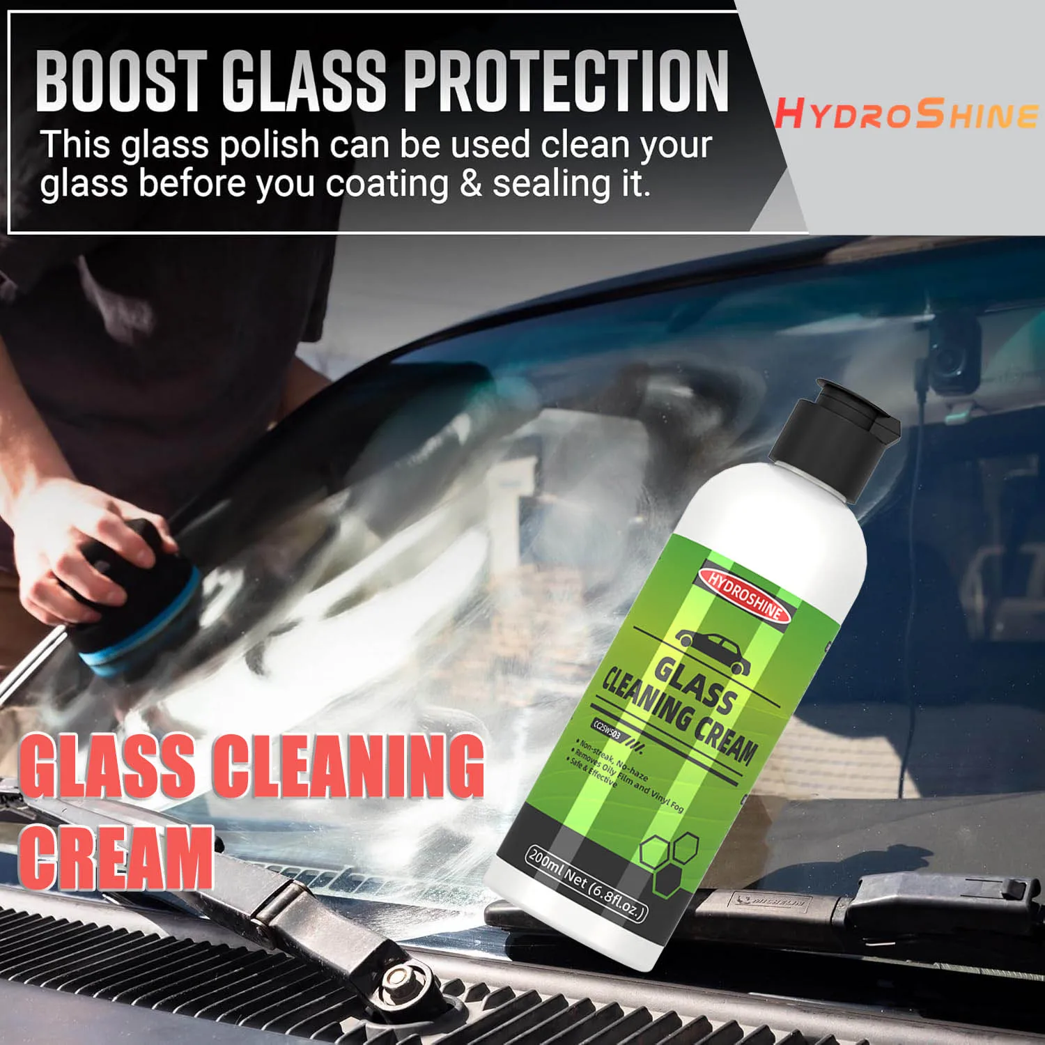 Hydroshine Car Glass Oil Film Remover Cream - Windshield Cleaner Streak-Free Water Stain & Oil Spot Eliminator for Auto Windows