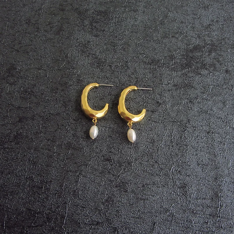 Brincos em latão com 18k formato de c, pérola real, brinco de gota, joias femininas, vestido de festa, vestido de passarela, raro, coreano, japão, tendência