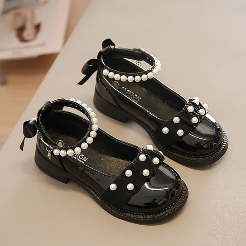 

Girls Lolita Mary Jane Shoes Fashion Kids Leather Shoe Sweet Pearl Ankle Strap Children Causal Princess Bowtie Black Dress Shoes