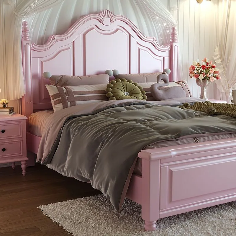 French pink princess bed 1.5m all solid wood bed children's bed, advanced American master bedroom small apartment girl bed
