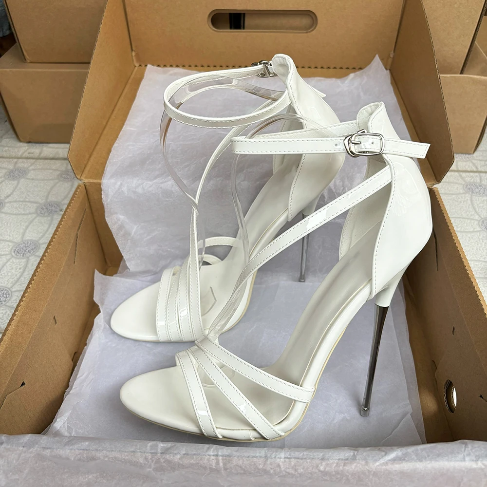 

Chic Sandals 16cm Extreme High Heels Women's White Patent Open Toe Stilettos Pumps Ankle Strap Fetish Men Unisex Shoes Big Size