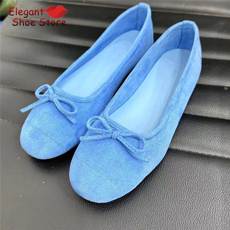 Hot Pink Round Toe Ballet Shoes Elegant White Bow Decoration Suede Flat Shoes Summer Shallow Outdoor Women's Casual Shoes