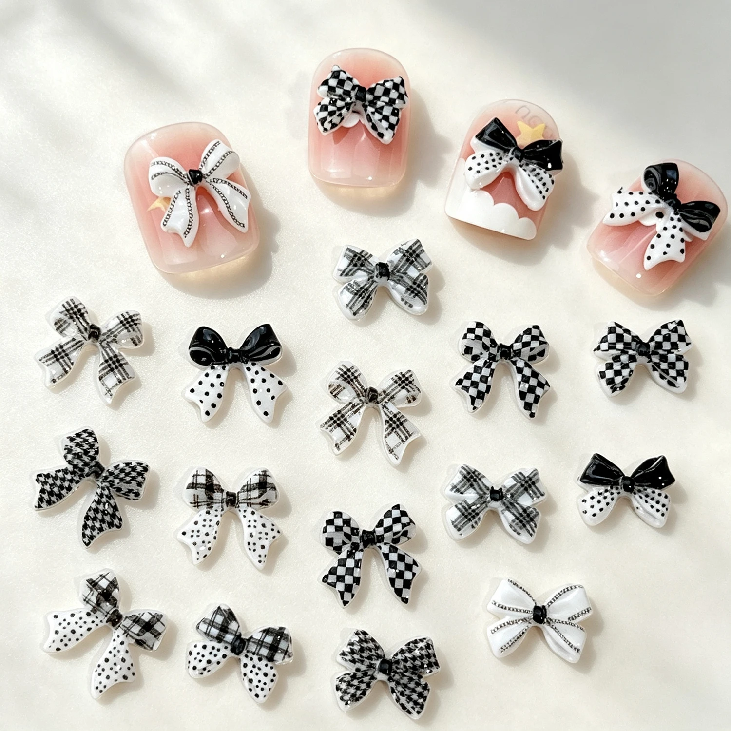 50Pcs 3D Black White Plaid Polka Dot Bow Nail Charms FlatBack Checkered Ribbon Nails Art Decoration Y2K Sweet Manicure Accessory