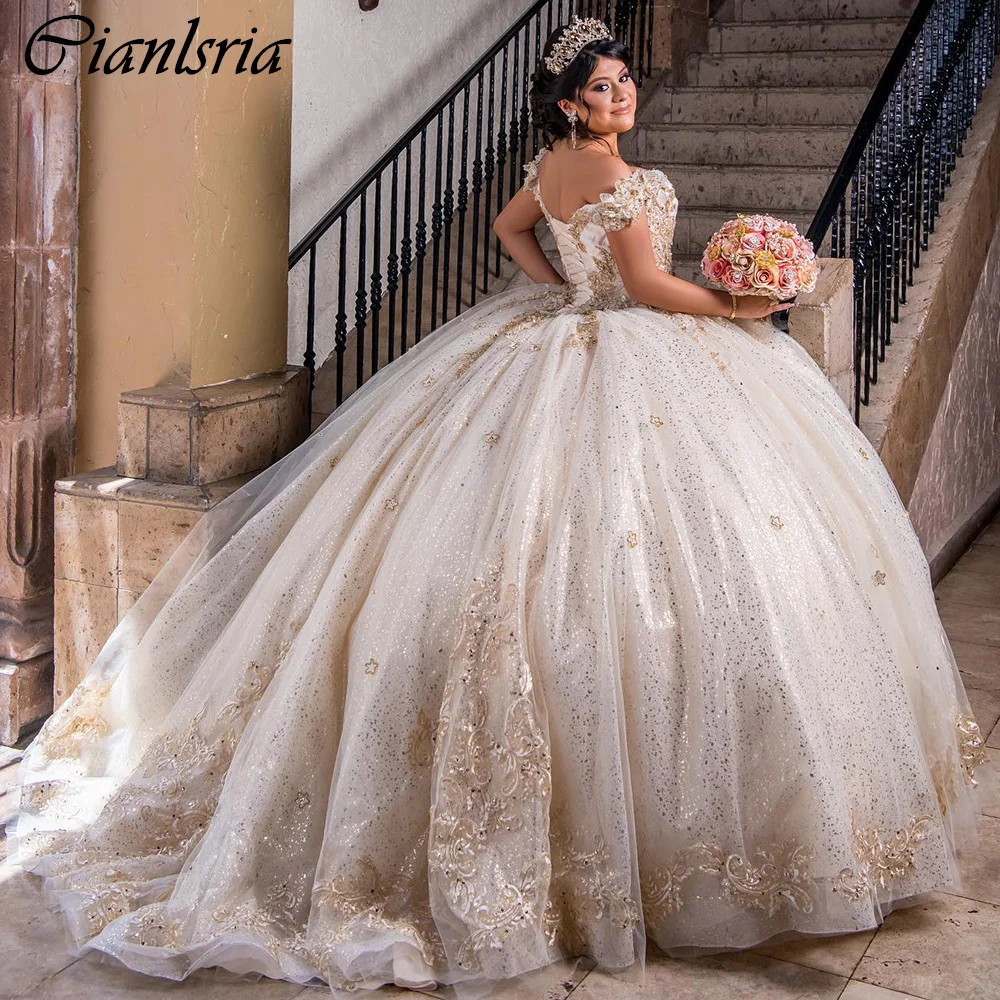 Vestido De baile De encaje con apliques De champán, quinceañera, con cuentas De cristal, hombros descubiertos, corsé, 15 Años