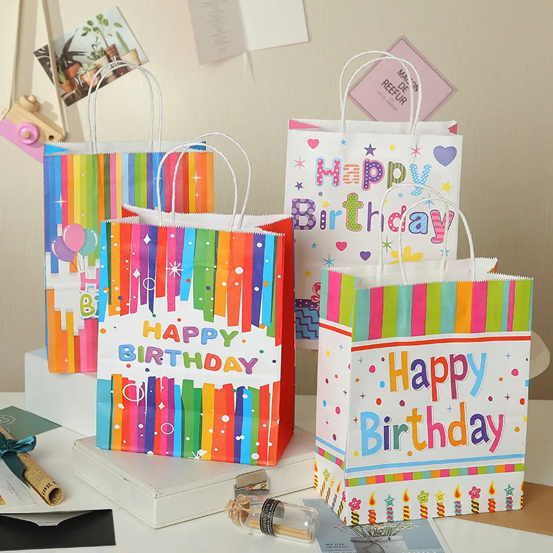 12Pcs Rainbow Cartoon Paper Gift Bag With Handle Kids Birthday Portable Favor Gift Packaging Tote Bag Baby Shower Party Supplies