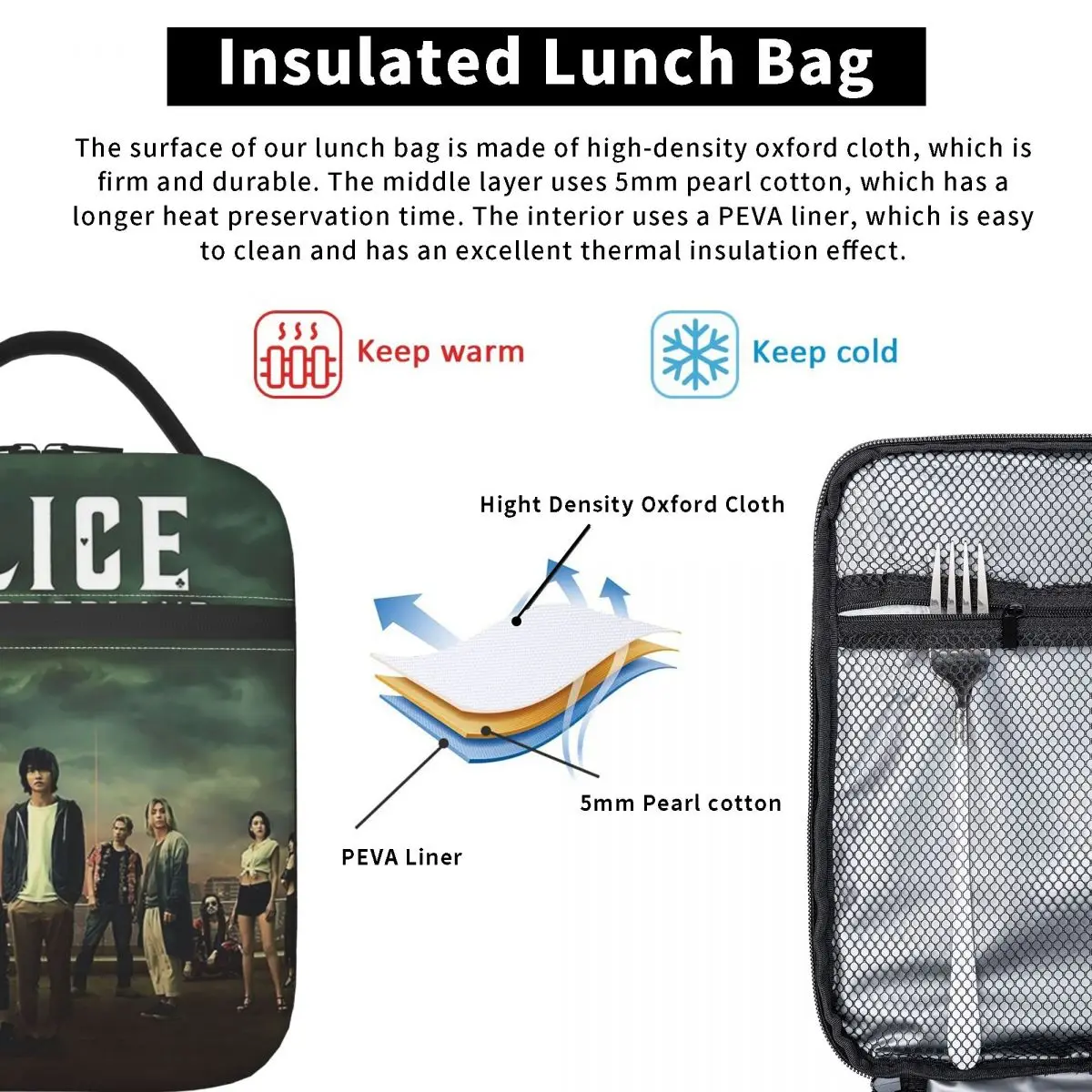 Original Alice In Borderland Insulated Lunch Bag for Women Children Portable Food Boxes Thermal Lunch Box Tote