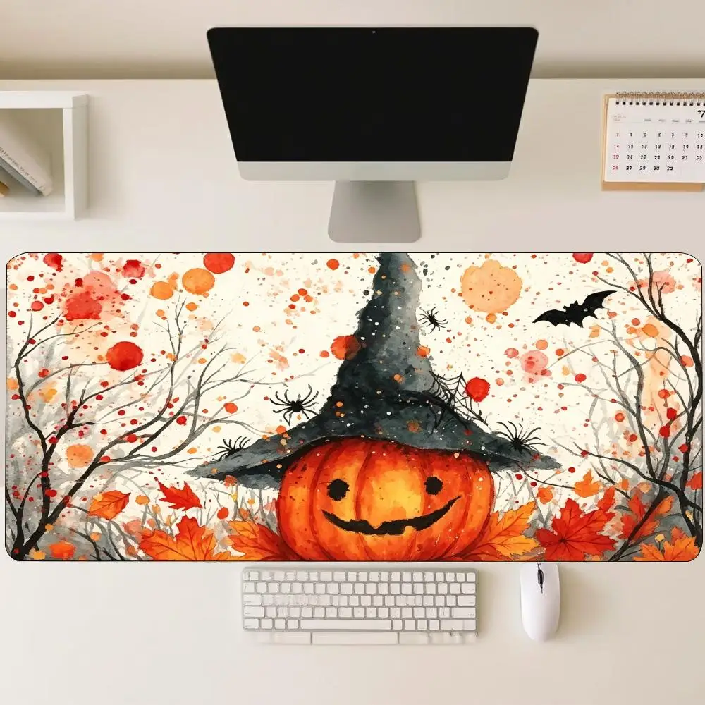 Halloween Pumpkin Witch Hat Watercolor Large Gaming Mouse Pad XXL Desk Mat Non-Slip Stitched Edge for Gamer Keyboard Pad