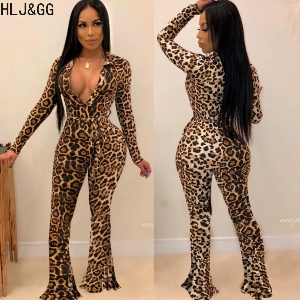 

HLJ&GG Fashion Leopard Printing Lace Up Wide Leg Pants Jumpsuits Women Deep V Long Sleeve Bodycon Overalls Female Slim Playsuits