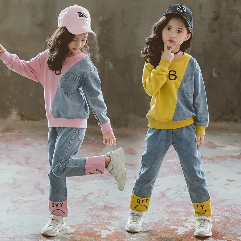 ZOETOPKID Baby and Girls Cotton Contrast Patchwork Alphabet Sweatshirt+Denim Pant Workout Set School Kids Tracksuit Child Outfit