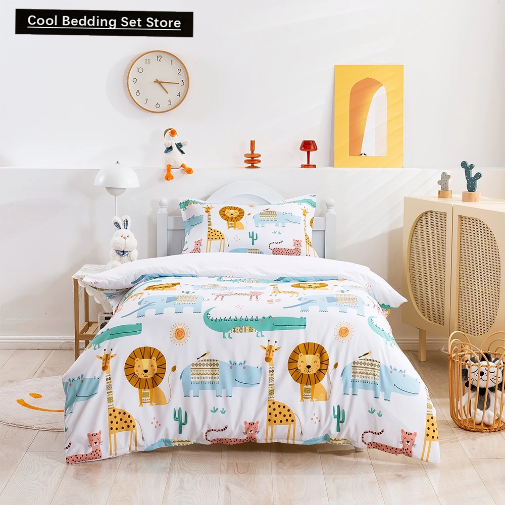 Cartoon Animals King Queen Duvet Cover Lion Giraffe Crocodile Bedding Set for Kids Boys Wildlife 2/3pcs Polyester Quilt Cover