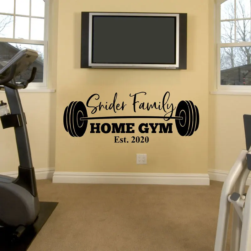 Custom Family Name Gym Wall Decal- Personalized Home Gym Decor Dumbbell, Weightlifting, Fitness Studio Wall Sticker Murals Q171