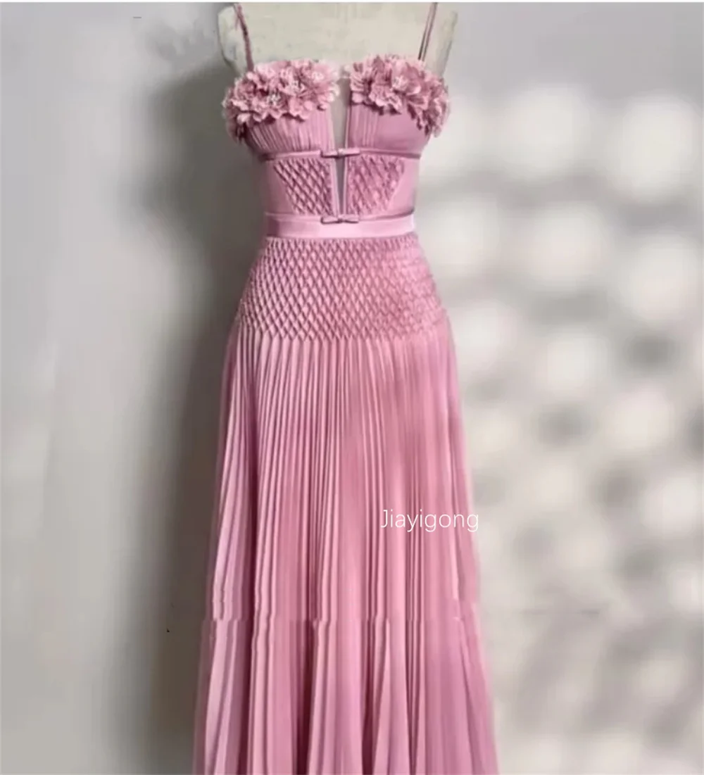 Customized  Modern Style Chiffon Flower Pleat A-line Square Neck Long Bespoke Occasion Evening Dresses Luxury Pastrol