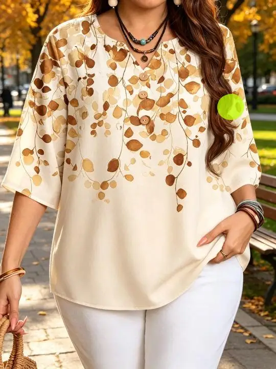 Watercolor Leaf Print Women Blouses Notch V Neck Half Wooden Buttons 3/4 Sleeve Loose Lightweight Casual Daily Shirts