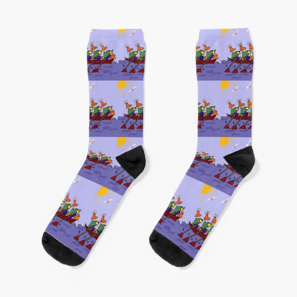 Cool Ducks in a Row Boat Cartoon Socks Sock High Women