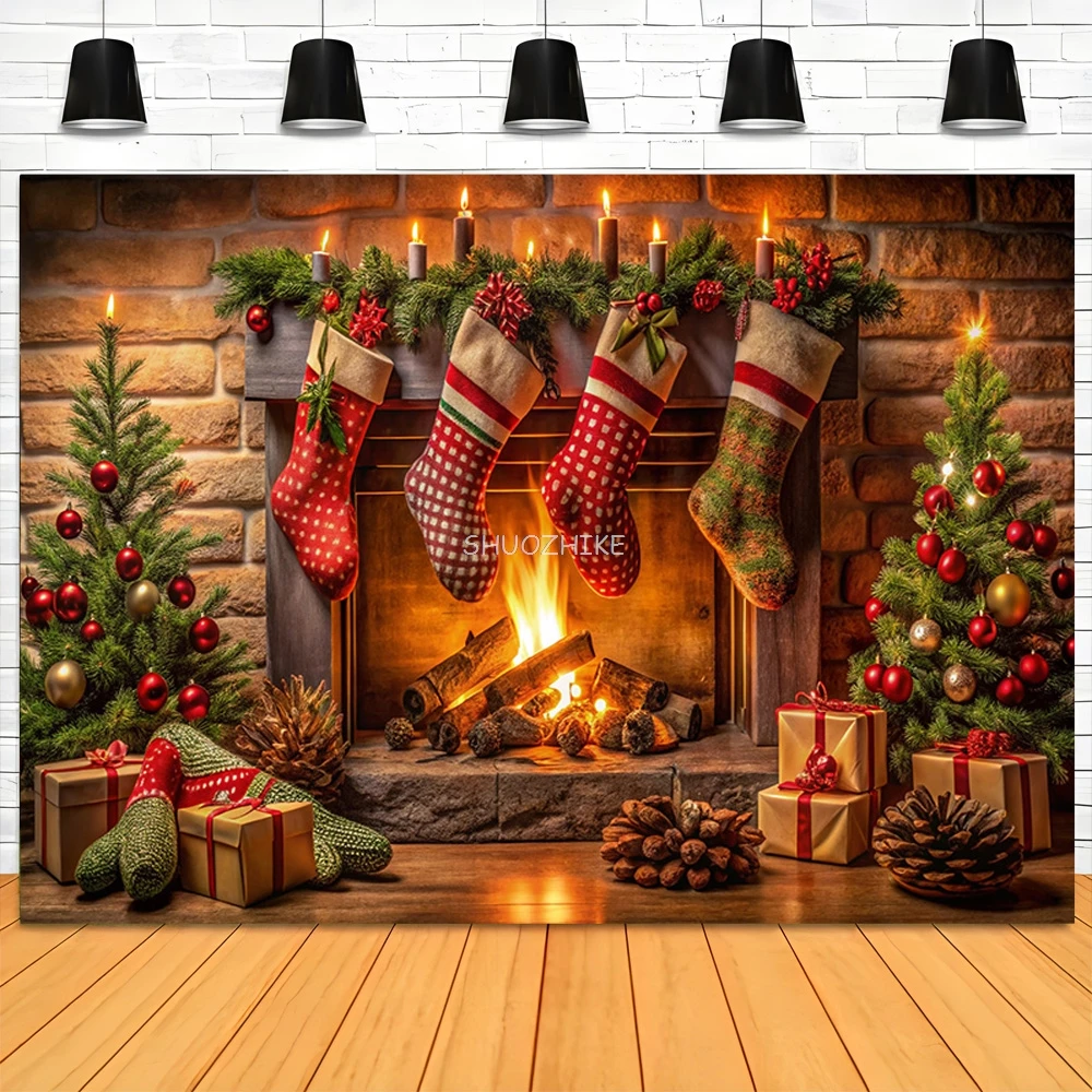 New Year Christmas Day Digital Photography Backdrop Prop Fireplace Winter Living Room Gift Holiday Photo Studio Background RS-22