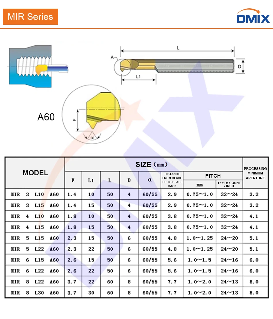 DMIX MIR 60 ° 55 ° Bohrer für Gewindeschneiden, beschichteter Hartmetall-Mini-Innen-Drehwerkzeug, Kopierwerkzeug für kleine Bohrungen, Wolframstahllegierung – Detail 1