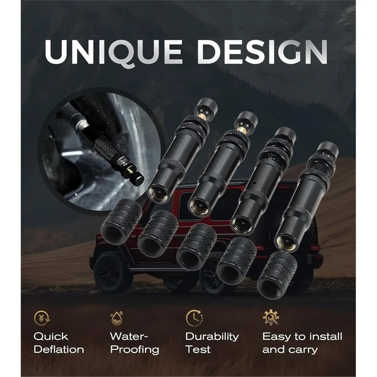 Home Tool Adjustable Auto-Stop Tire Deflators Valve Kit (10-30 PSI) 4PCS -on Tyre Air Down Tool 5 Valve Caps for Offroad