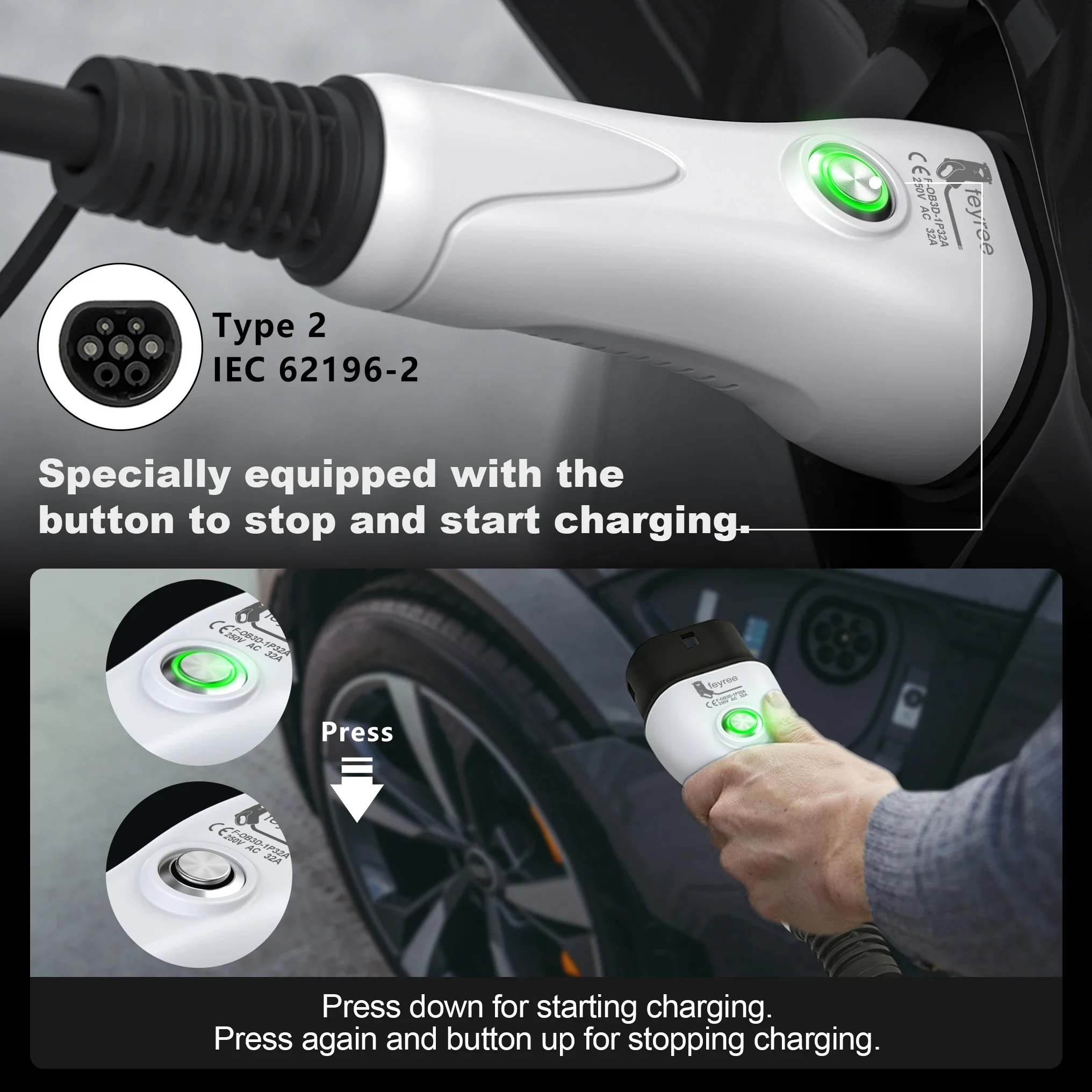 feyree EV Charger Type2 / Type1 / GBT / TS-NACS 32A 7kW 1P APP Control Smart Timing Charging EVSE Portable Box for Home&Outdoor