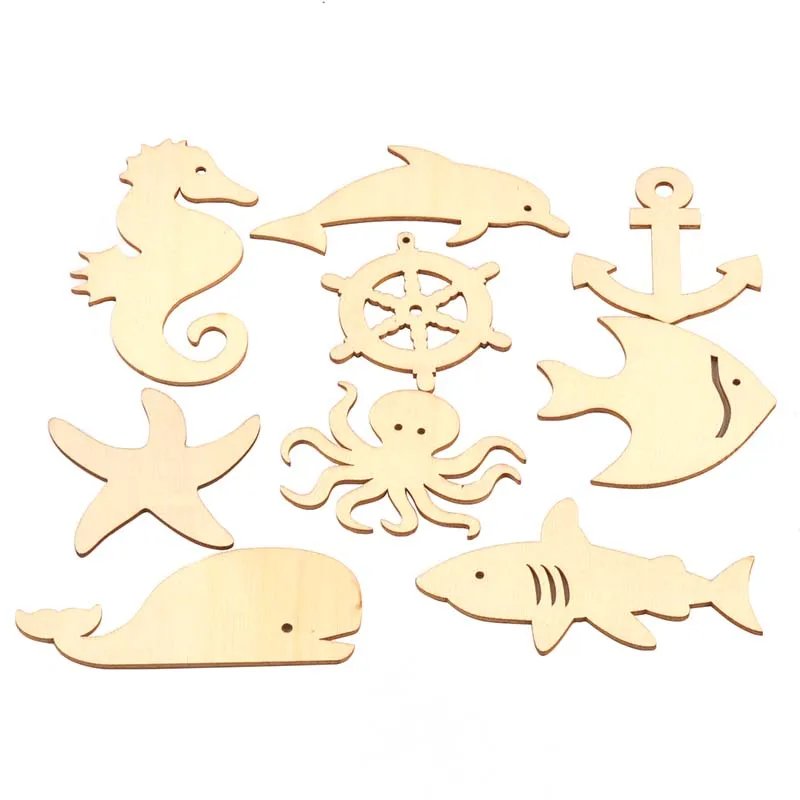 10Pcs 7-11cm Shark/Octopus/Starfish Embellishment DIY Scrapbooking Handmade Supplies Kids painted Blank wood Crafts Home Decor