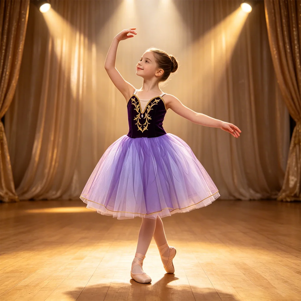 Professionelles Ballettkleid für Mädchen für Wettbewerbe Elegantes Tüllkleid mit Stickerei & Strass für Bühnenauftritte