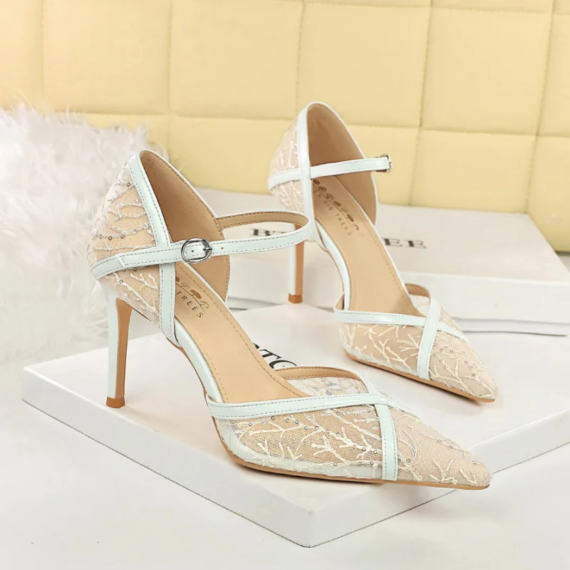

BIGTREE Fashion High Heels Lace Rhinestone Women's Pumps Stiletto 10cm Evening Dress D'Orsay High Heeled Shoes Black White
