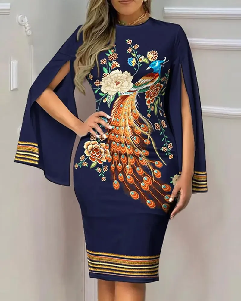 Damenkleid mit V-Ausschnitt, ausgestellten Ärmeln und geometrischem Golddruck, figurbetontes Midikleid, elegantes, schmales Outfit für Teepartys und formelle Anlässe – Detail 14