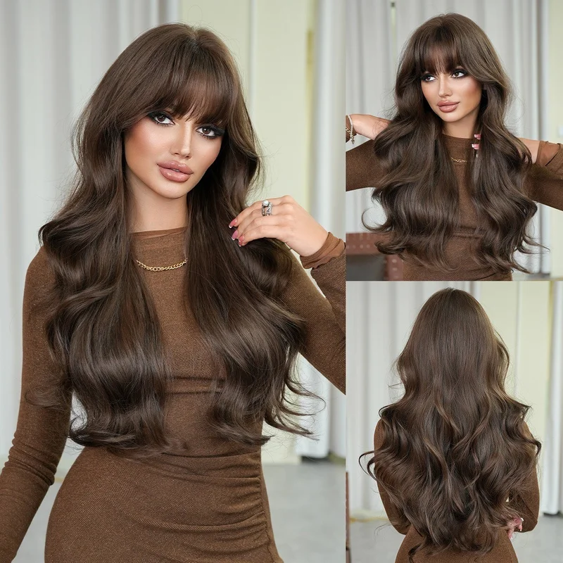 Rich brown long wavy hair with big waves with a full fringe and a fluffy overall