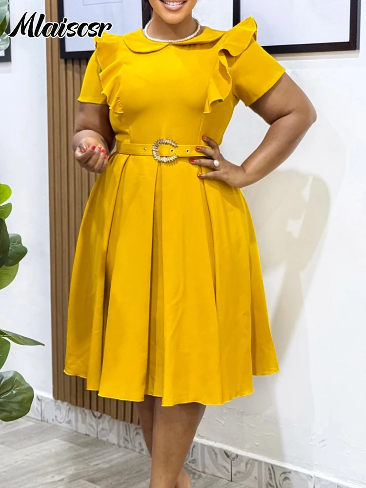 

Mlaiscsr Elegant Office A Line Mid Dress Women Ruffles Short Sleeve Sashes Fashion Evenning Birthday Wedding Guest Vestidos 2025