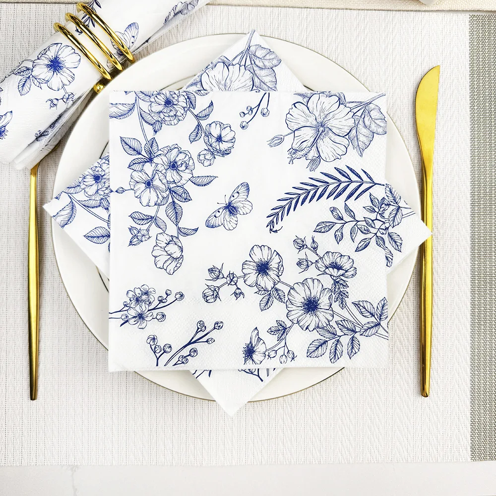 Servilletas De papel con flor De mariposa, servilleta De porcelana azul y blanca para fiesta, pañuelos De Hotel, Servilletas Retro, Papel, servilletas De mesa, boda