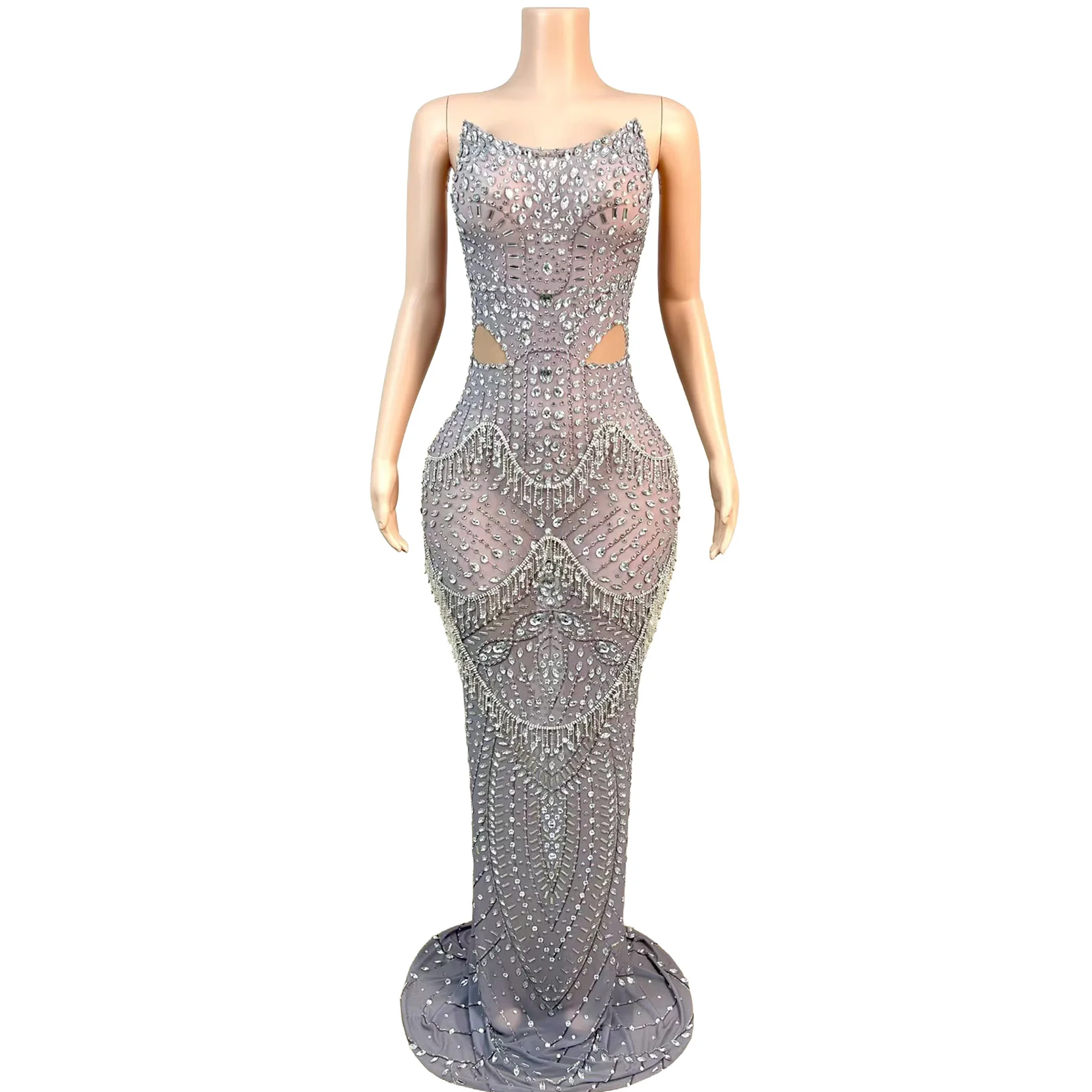 Wumai Sexy Women Strapless Evening Gown Sparkling Diamonds Transparent Mesh Long Dress Wedding Birthday Cocktail Prom Gowns - view 6