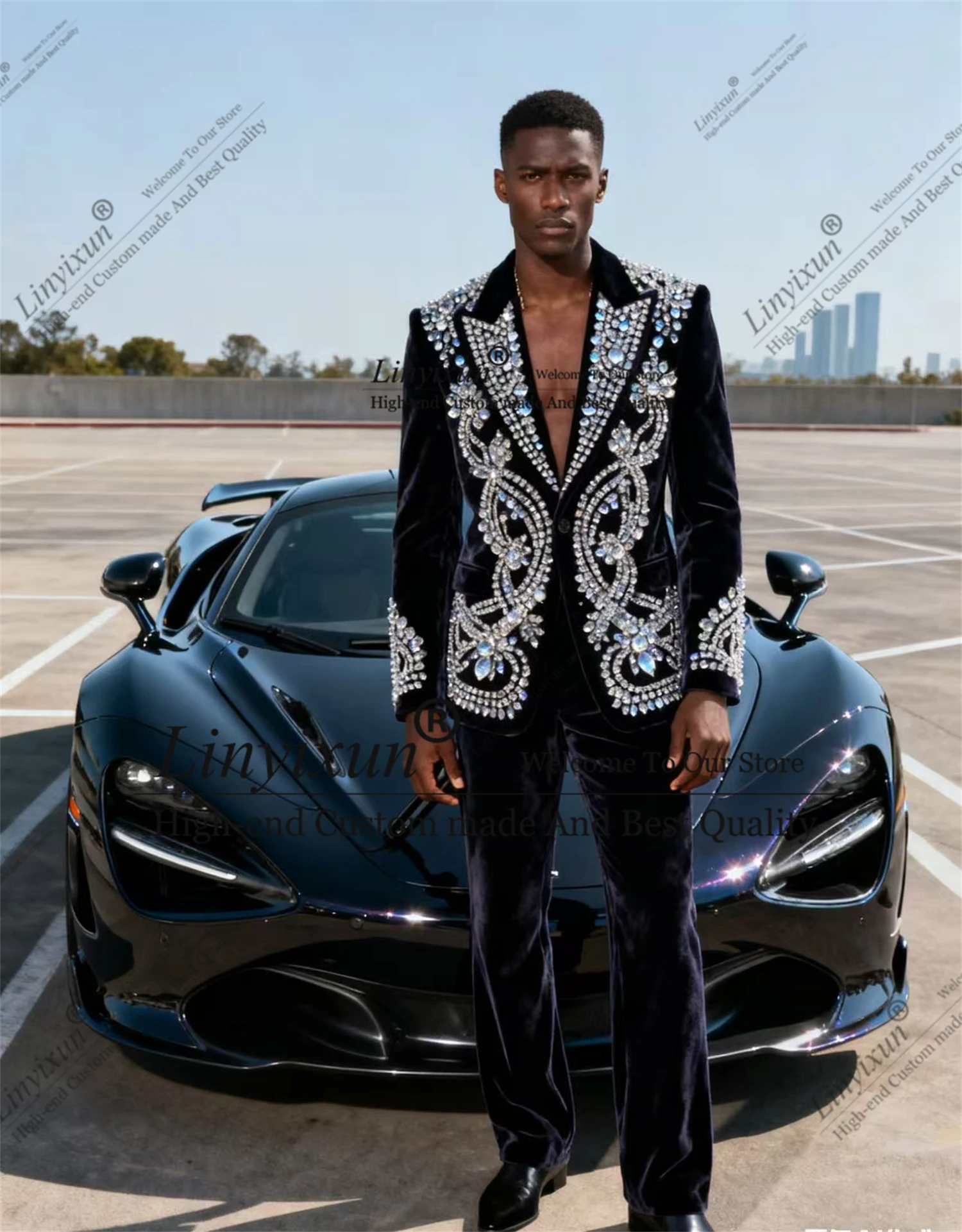 

Metal Diamond Men's Tuxedo Suit Peaked Lapel 2-Piece Beaded Party Prom Blazer Designer Style Groom Customized Ropa Hombre