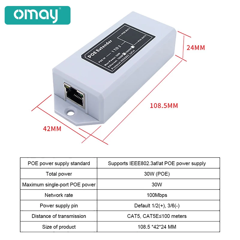 1 to 2 Port POE Extender 100Mbps IEEE 802.3af/at Standard 48V for NVR IP Camera POE Extend 100 meters for POE range