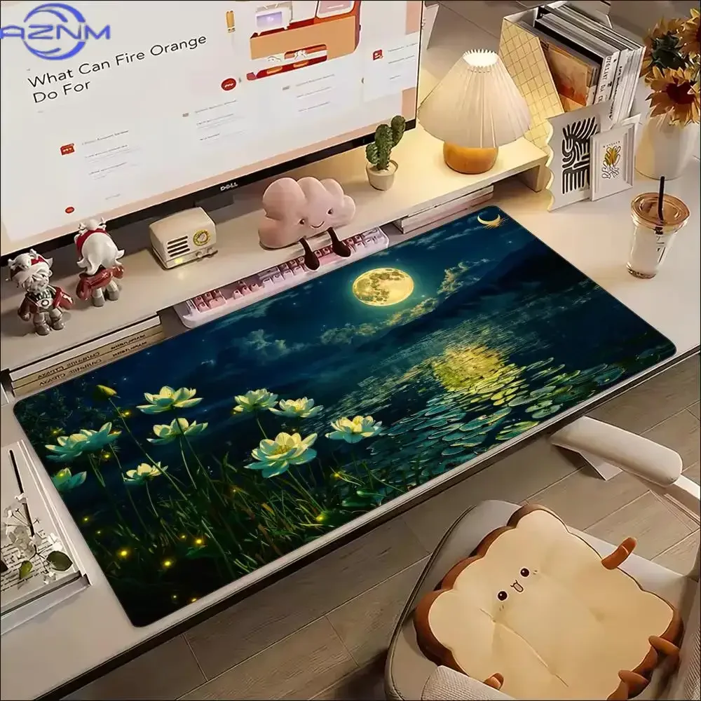 Moonlight Lotus Lake Large Extended Gaming MousePad Non Slip Rubber Keyboard Desk Mat Smooth Surface For Laptop PC Desktop Setup