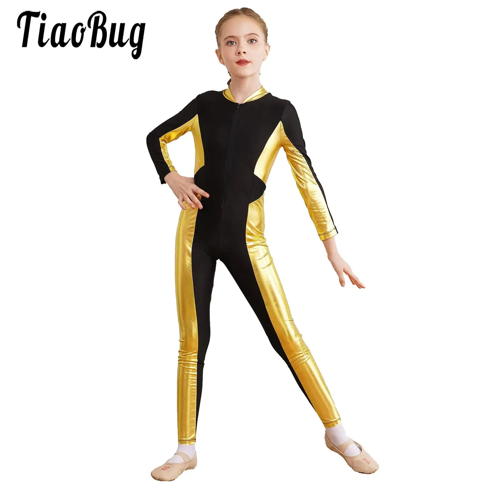 Kids Girls Gymnastics Full Bodysuit Ballet Dance Figure Skating Acrobatics Yoga Leotard Unitard Long Sleeve Color Block Jumpsuit