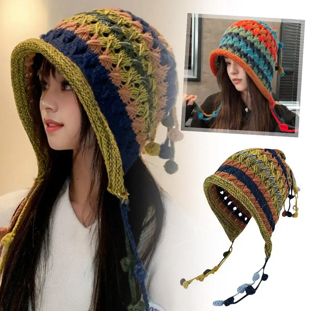 Women's Y2K Kawaii Knitted Hat Contrast Color Tassel Ball Beanie Hats With Ear Flaps Ushanka Warm Cap For 2024 Winter Fall B1I2