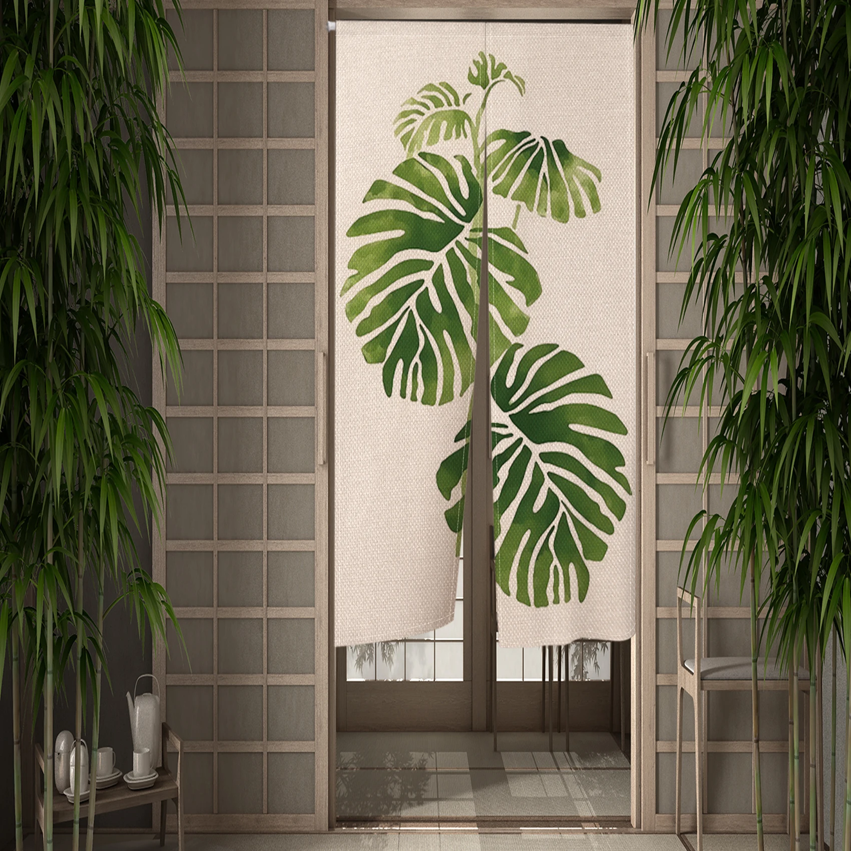 Japanese Split Door Curtain Tropical Plant Green Leaves Noren  Simple Home Restaurant Doorway Hanging Decorative Half-curtains