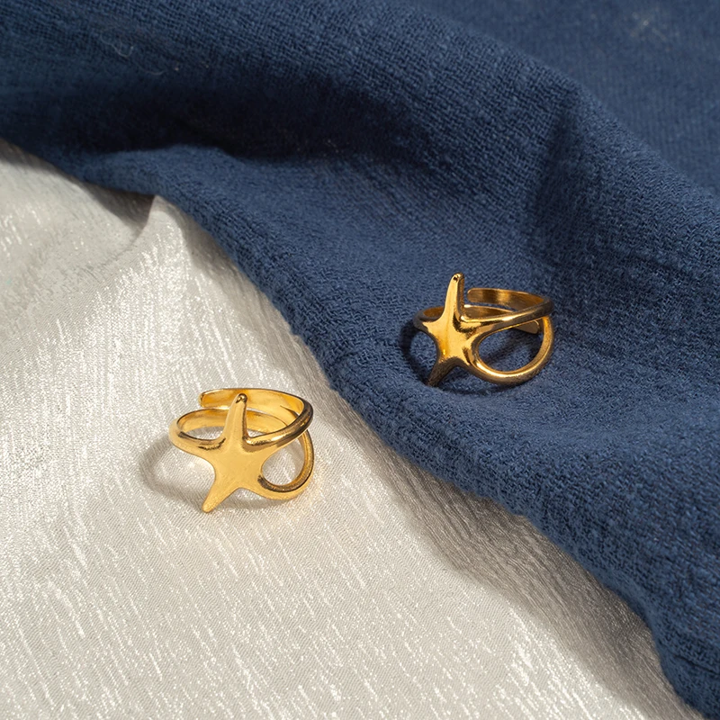 Minimalist Starfish Open Band Ring Elegant Gold Plated Finger Ring, Bohemian Beachy Style Accessory Perfect for Daily Wear&Gift