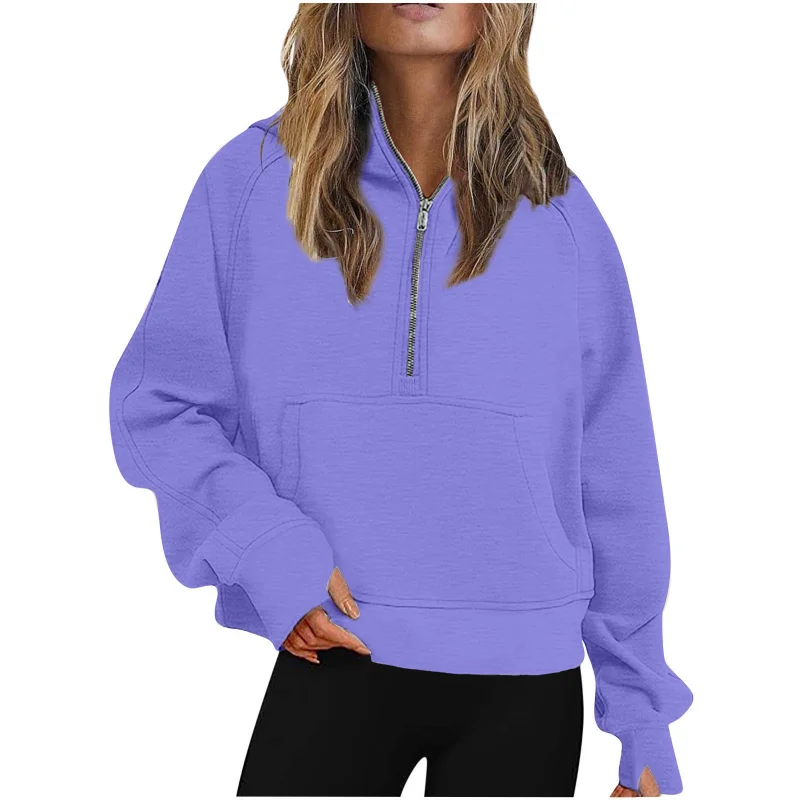 Autumn Winter New Arrival Womens Sports Half Zip Loose Solid Color Versatile Cropped Hooded Fleece Casual Pullover Sweatshirt