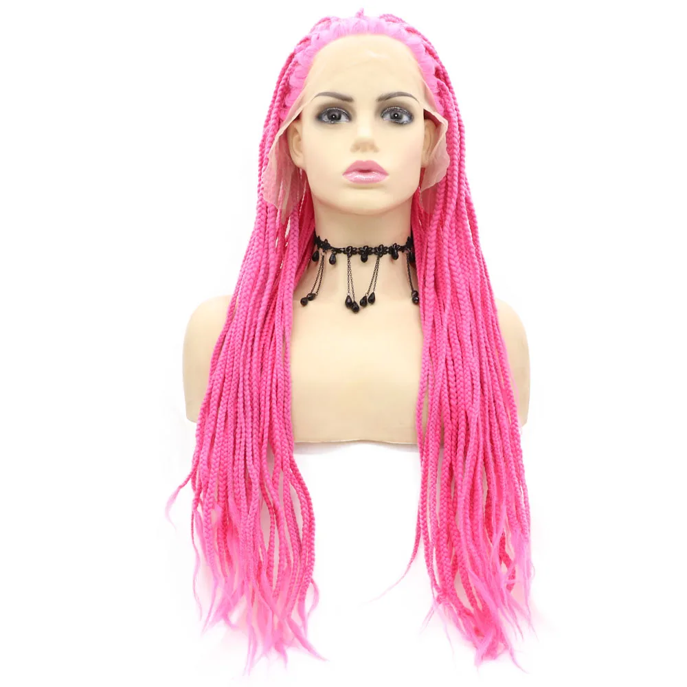 

Pink Long Braid Hairstyle Synthetic Lace Front Wig Heat Resistant Fiber Hairs Regular Wigs For Women